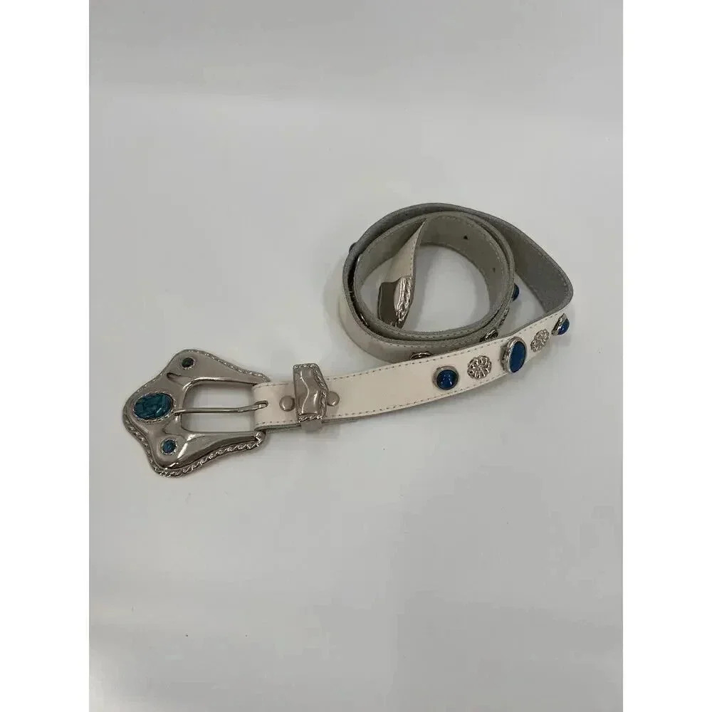 Genuine Leather Silver Tone Accents Studded Details Inlaid Stones Size Small EUC